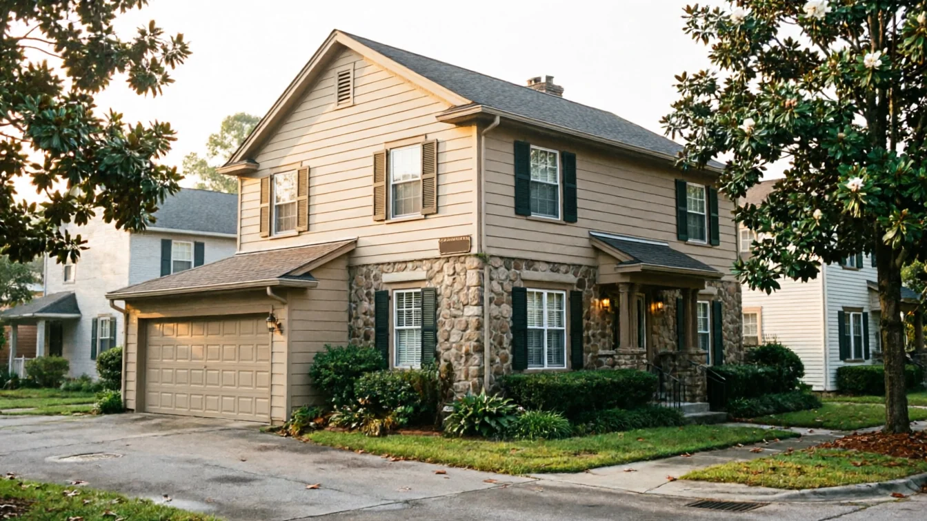 A beige house with a brown garage door and stone facade.