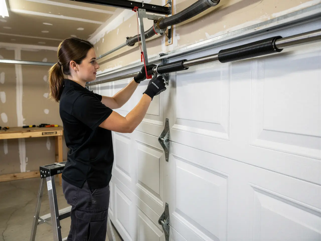A technician adjusts a garage door torsion spring above a white garage door.