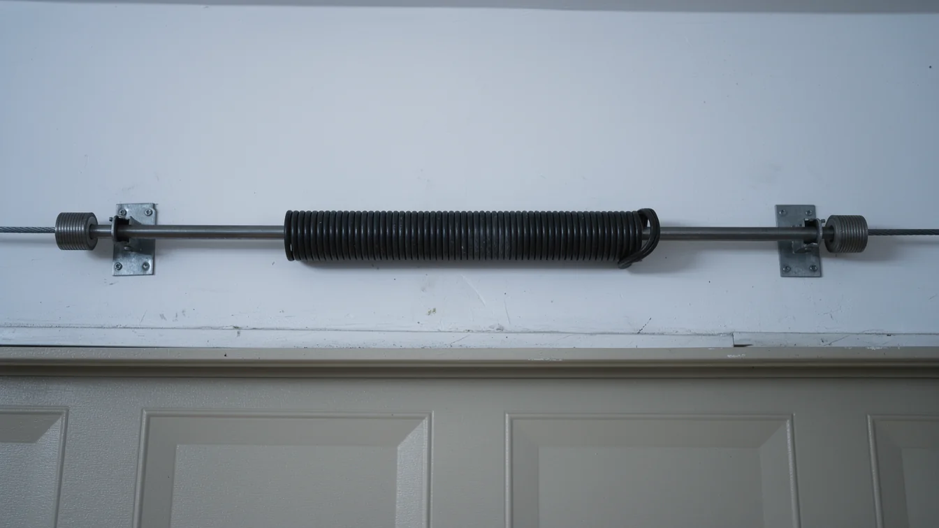 An extension spring is mounted above a white garage door.